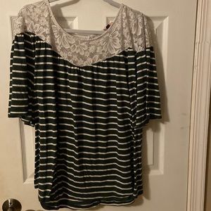 Dark green and white stripe blouse with lace and short sleeves. East Adeline 2X
